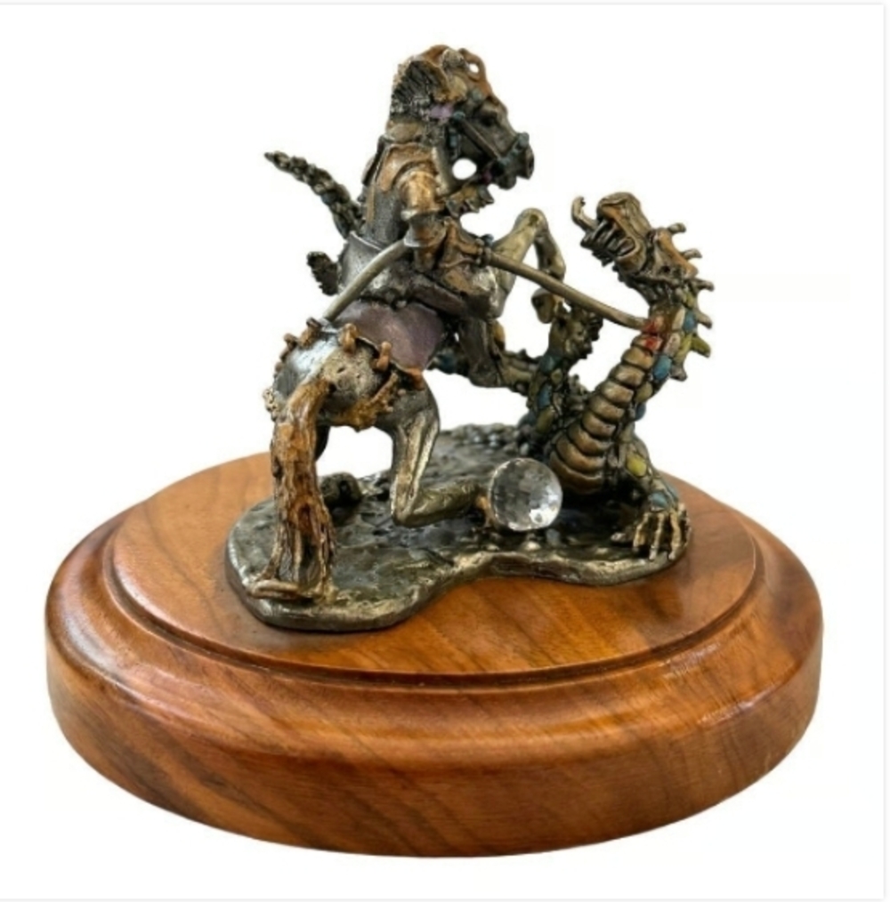 Vintage St. George Fighting the Dragon Bronze Statue Warrior Figurine Wood Base - Picture 10 of 11
